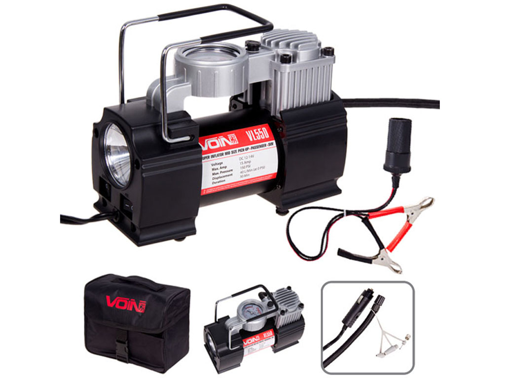 Компрессор "VOIN" VL-550 150psi/15Amp/40л/прикур./фонарь/дефлятор/переходник на клеммы