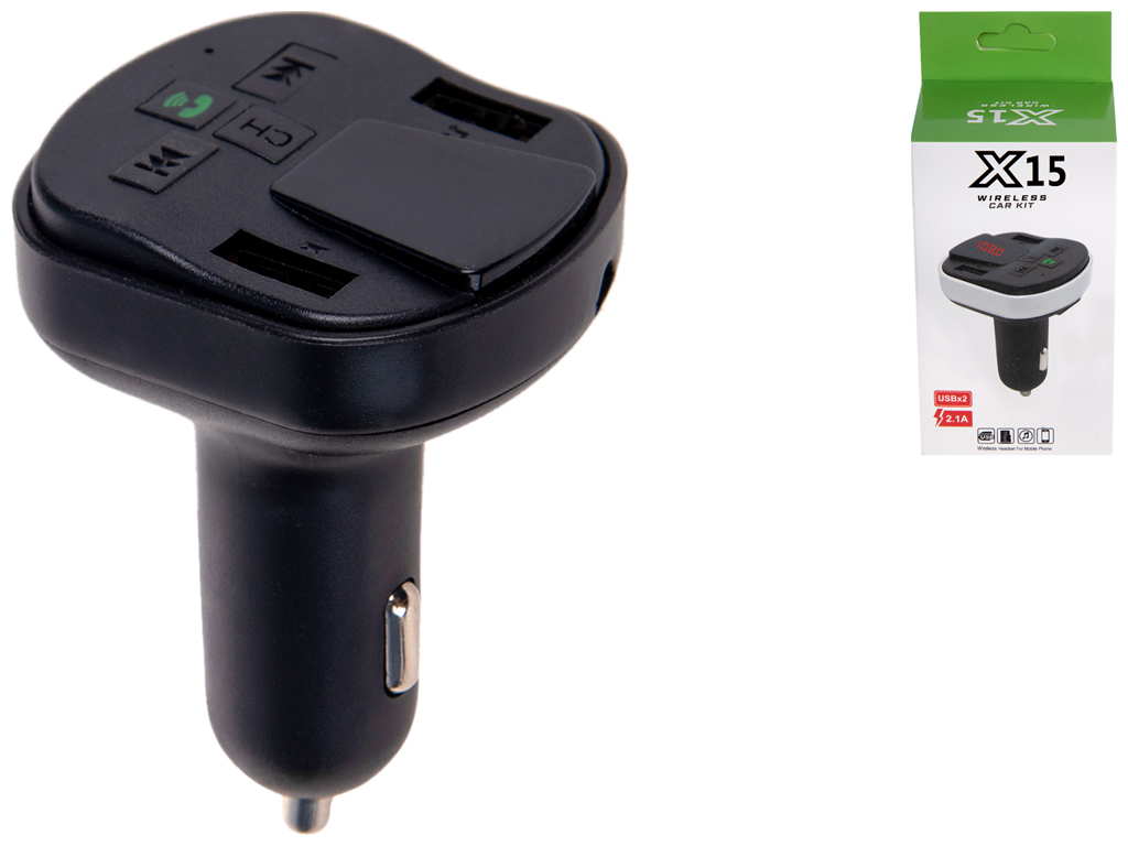 Модулятор FM 5в1, X15, 12-24v, 2USB, 5V-2.1A, TF card BT