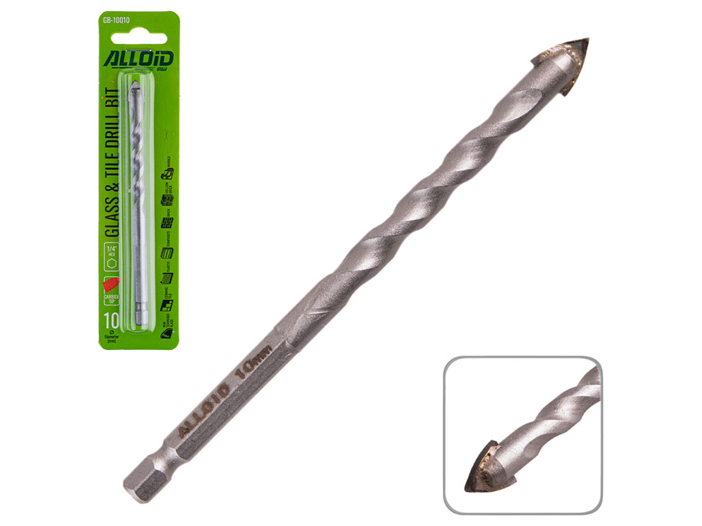 Сверло Alloid по стеклу, керамике, HEX 1/4", 10мм, 120мм