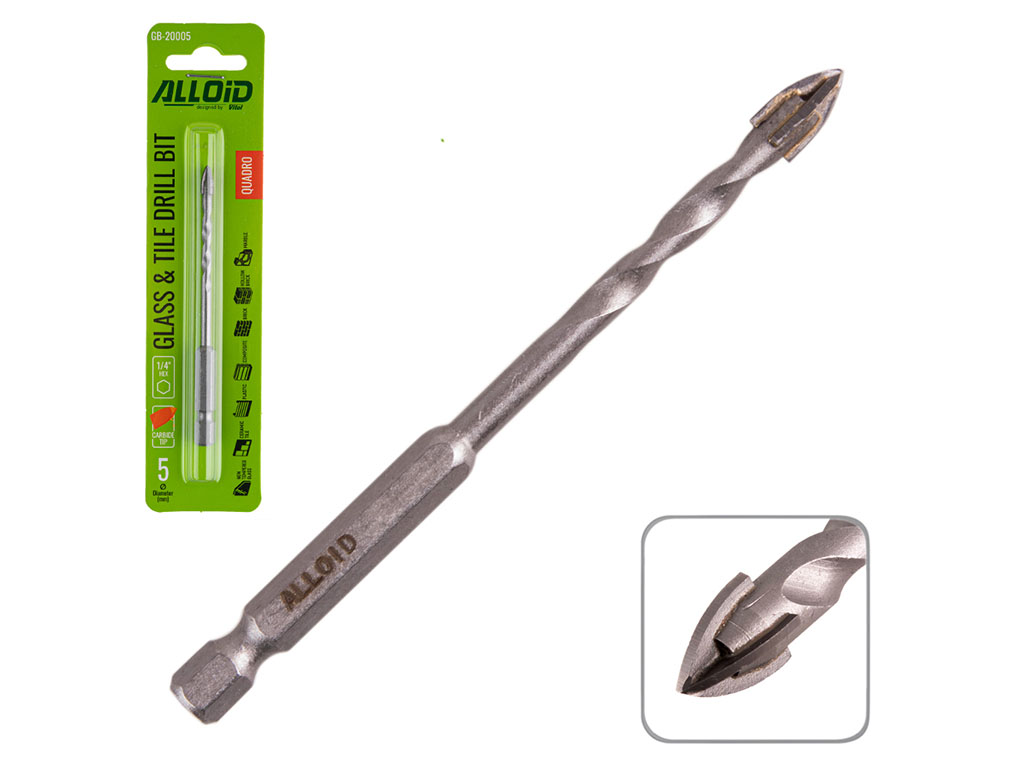 Сверло Alloid по стеклу, керамике, HEX 1/4", 5мм, 95мм