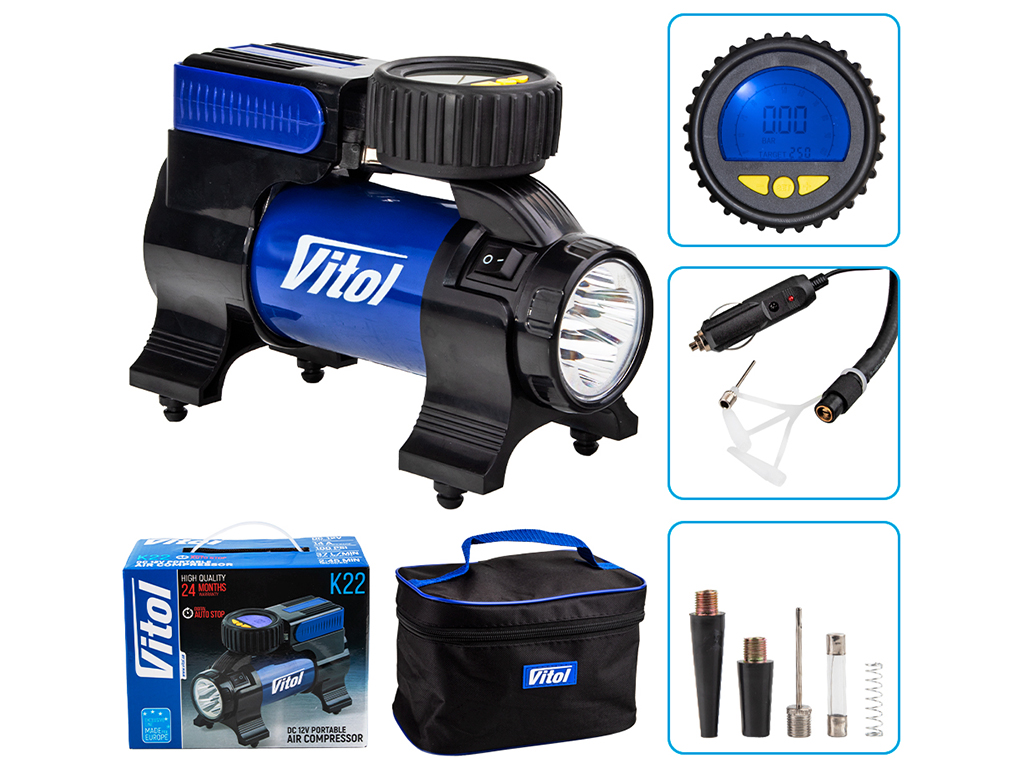 Компрессор Vitol K-22, 100psi, 14Amp, 37л, фонарь/автостоп/прикуриватель