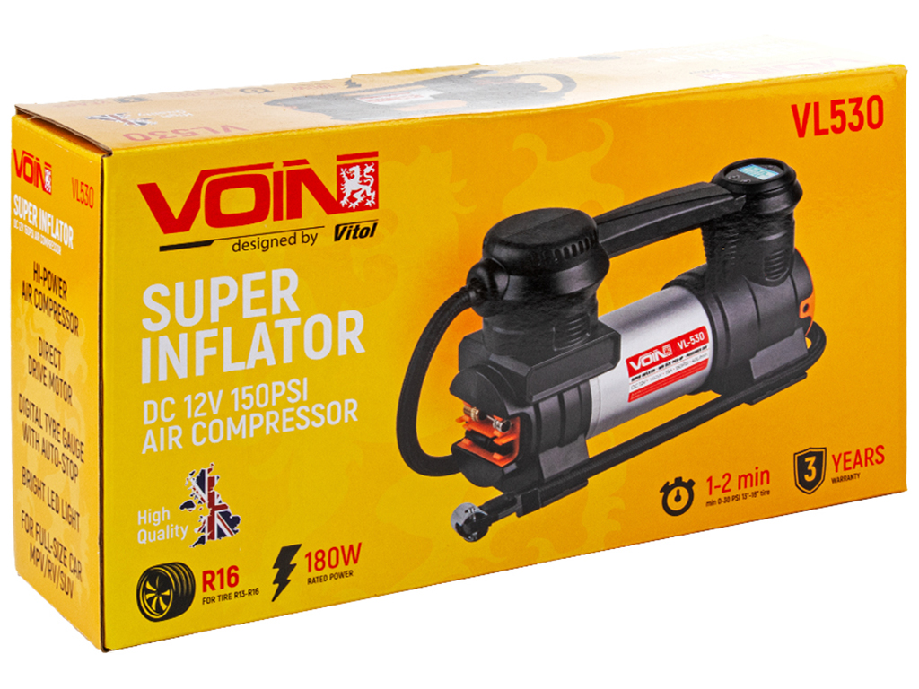 Компрессор автомобильный VOIN VL-530 150psi/15A/40л/Автостоп/прикуриватель/фонарь (VL-530)