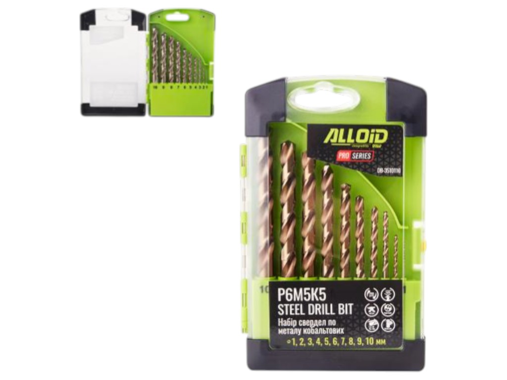 Набор сверл Alloid Pro, кобальтовые, по металлу, 1–10 мм, 10 штук, сталь Р6М5К5