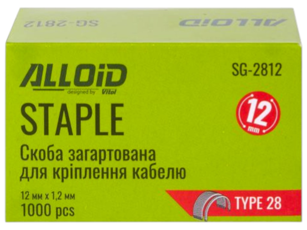 Скобы Alloid Pro, 12 мм х 1.2 мм, тип 28, закалённая сталь, для кабеля, 1000 штук