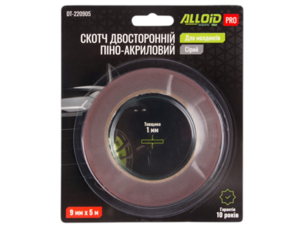 Скотч Alloid Pro, двухсторонний, на пено-акриловой основе, 9 мм х 5 м, для молдингов, 1 мм