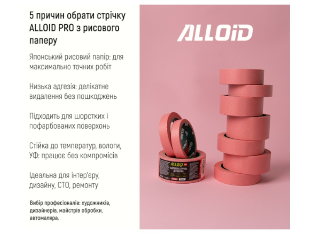 Стрічка малярська Alloid Pro, делікатна, рисова, 38 мм х 20 м, 100 мкм, колір рожевий