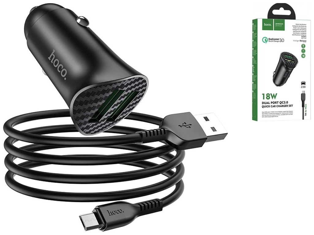 Автомобільний Зарядний Пристрій Hoco Z39 QC3.0 Micro 2USB Колір Чорний