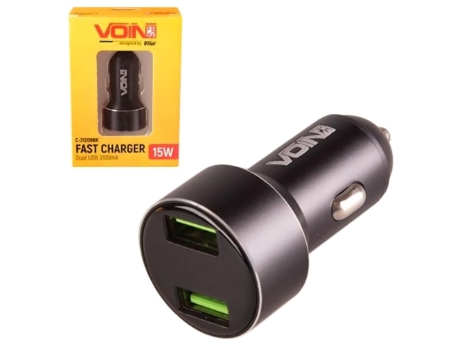 Автомобільний зарядний пристрій VOIN C-31209BK, 2USB (12/24V - 5V 3,1A) + вольтметр