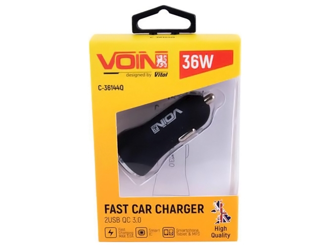 Автомобільний зарядний пристрій VOIN, 2USB, QC3.0, 36W, 12/24V (3.6-6.5V*3A,6.5-9V*2A,9V-12V*1.5A)