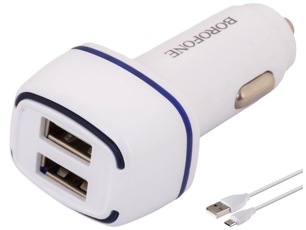 Автомобільний Зарядний Пристрій Borofone BZ14 Micro 2USB 2.4A, Бiлий