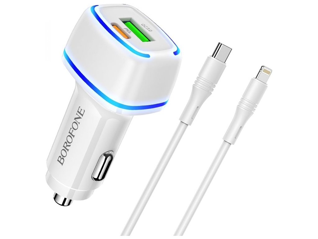 Автомобільний Зарядний Пристрій Borofone BZ14A PD20W+QC3.0 Type-C to Lightning 3A, Бiлий