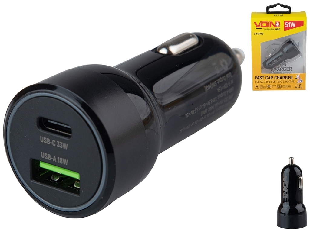 Автомобільний зарядний пристрій VOIN 51W, 1USB QC3,0 18W + 1PD 33W, 12,24V