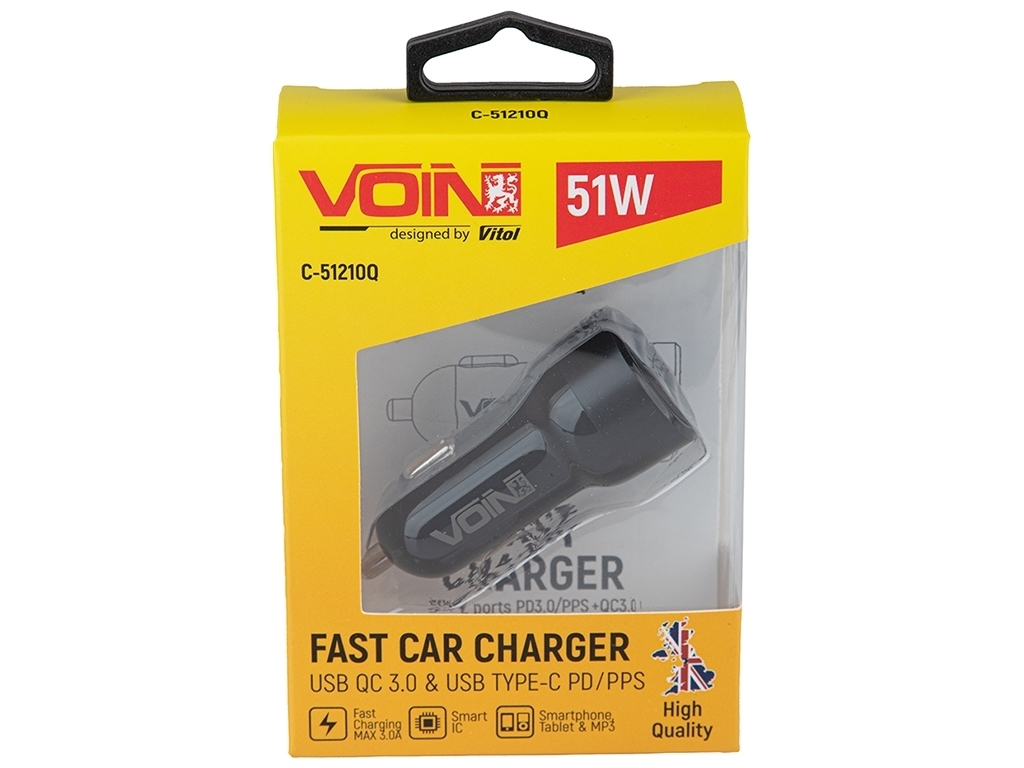 Автомобільний зарядний пристрій VOIN 51W, 1USB QC3,0 18W + 1PD 33W, 12,24V