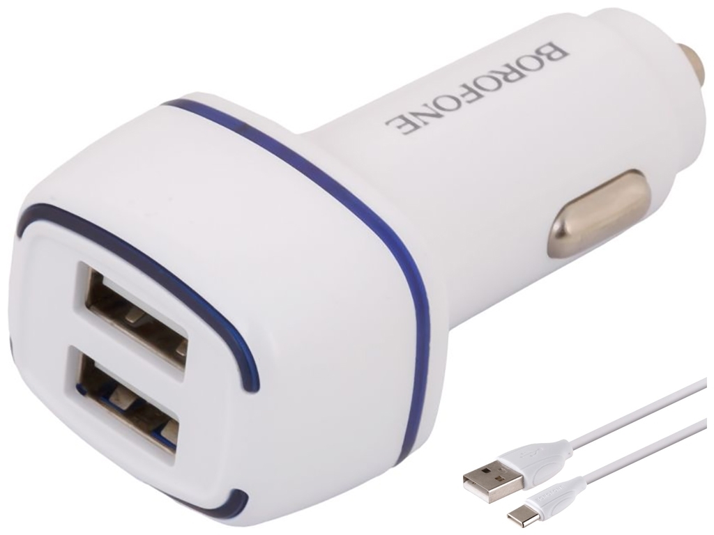 Автомобільний Зарядний Пристрій Borofone BZ14 Type-C 2USB 2.4A, Бiлий