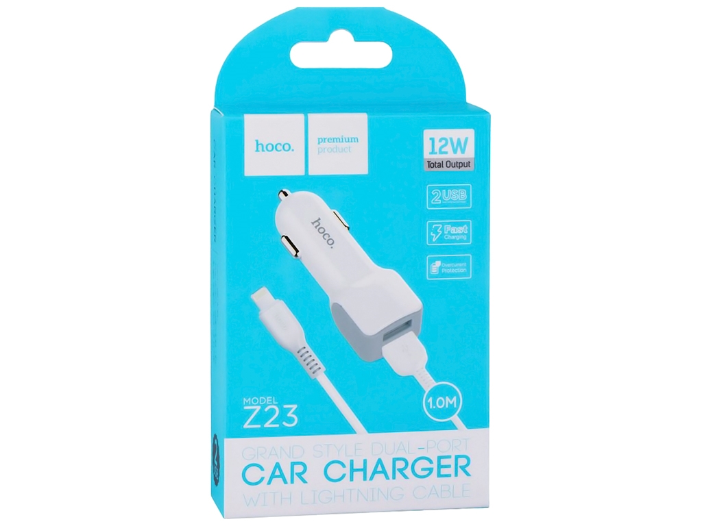 Автомобільний Зарядний Пристрій Hoco Z23 2USB Lightning, Колір Білий