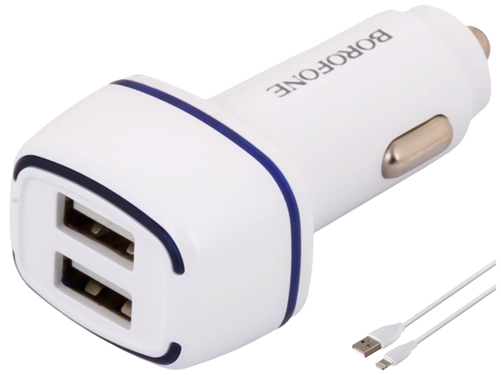Автомобільний Зарядний Пристрій Borofone BZ14 Lightning 2USB2.4A, Бiлий