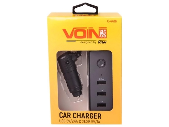 Автомобільний зарядний пристрій VOIN, C-4416, 3USB (12/24V - 5V 2,4А + 2х1А) дріт 1м