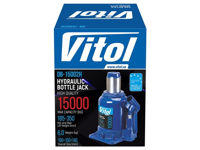 Домкрат гидравлический телескоп Vitol 15т, высота подъема 18,5 - 35см, 6кг (DB-15002H/JX107S)
