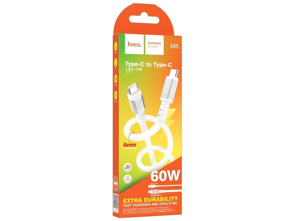Кабель USB Hoco X85 60W Type-C to Type-C, Білий