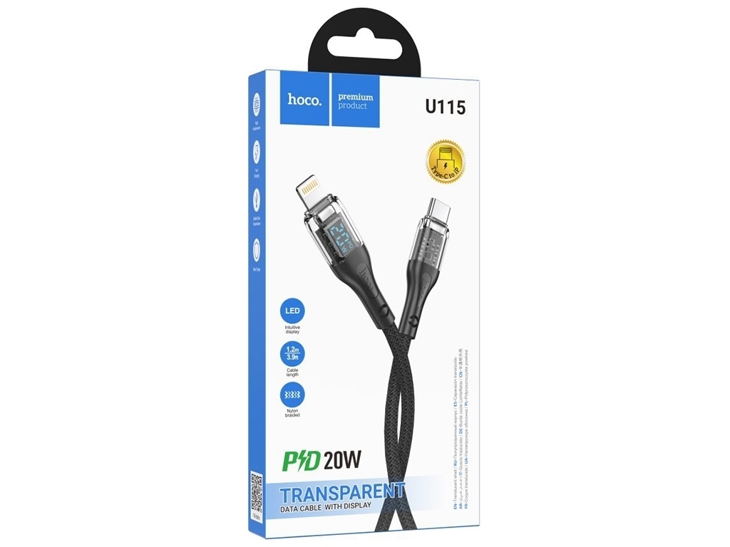 Кабель USB Hoco U115 Transparent PD20W With Display Type-C to Lightning 1.2m, Чорний