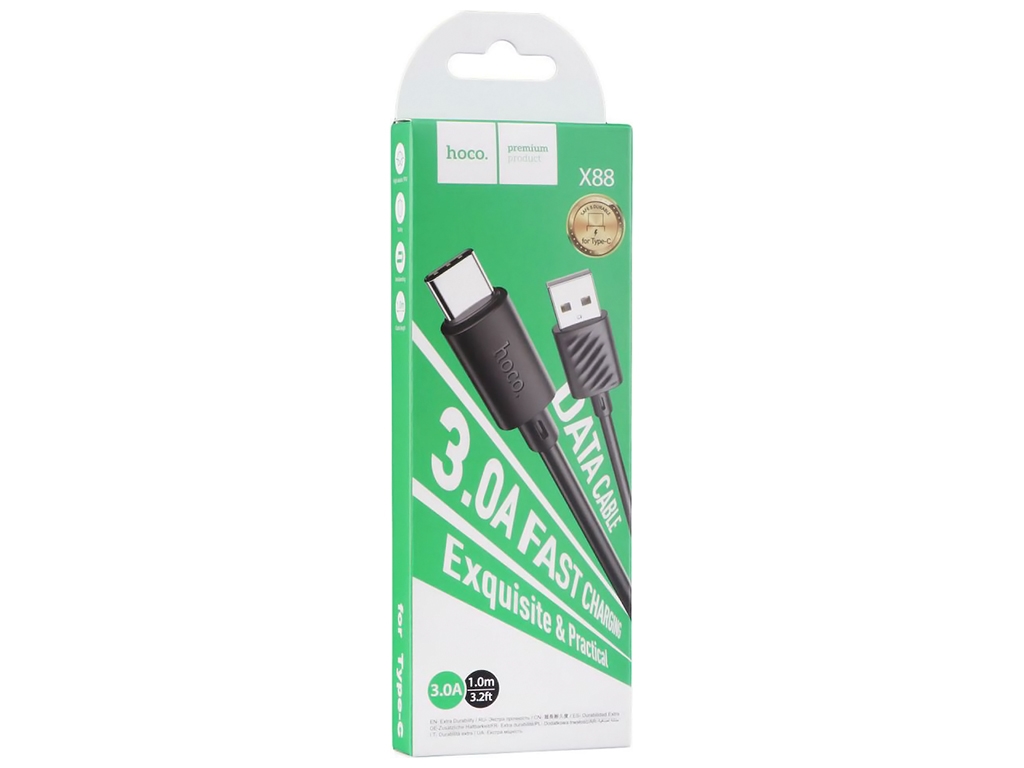 Кабель USB Hoco X88 Gratified Type C 3A, Чорний