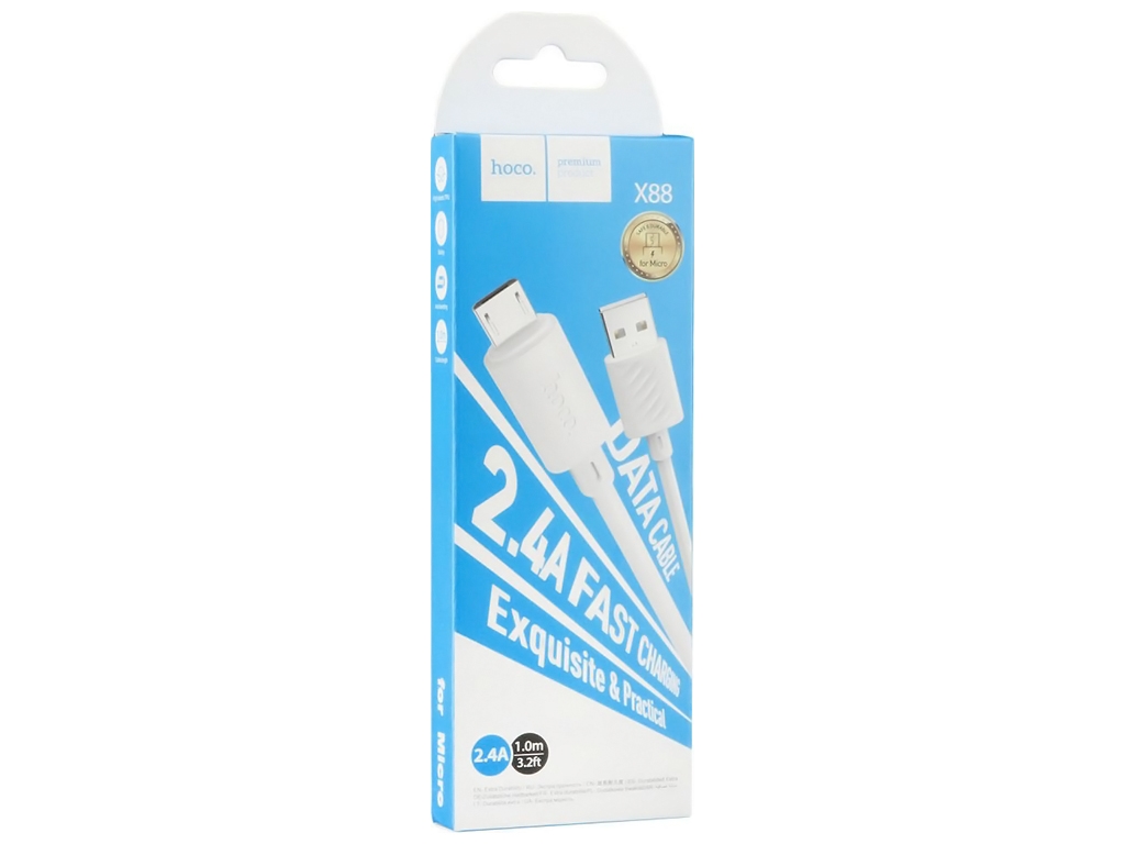 Кабель USB Hoco X88 Gratified Micro 2.4A, Білий