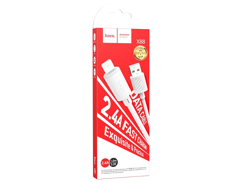 Кабель USB Hoco X88 Gratified Lightning 2.4A, Белый