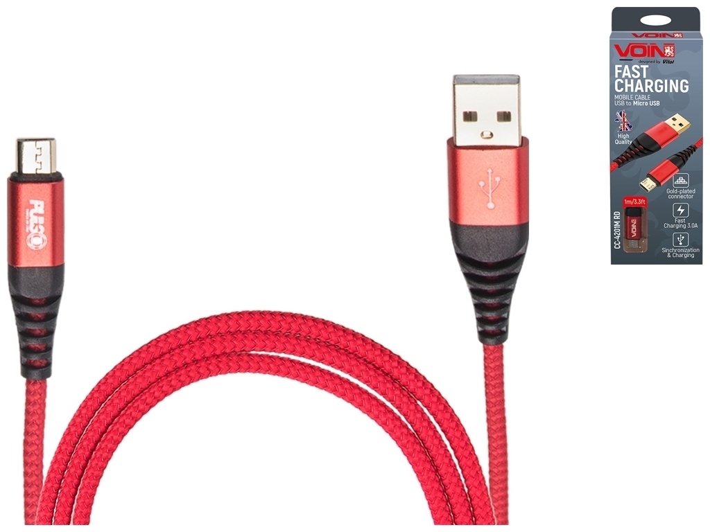 Кабель VOIN USB - Micro USB 3А, 1м, red (швидка зарядка/передача даних), CC-4201M RD
