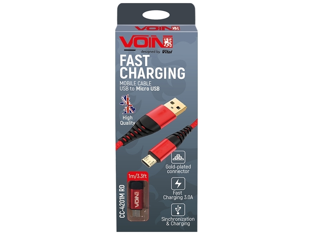 Кабель VOIN USB - Micro USB 3А, 1м, red (швидка зарядка/передача даних), CC-4201M RD