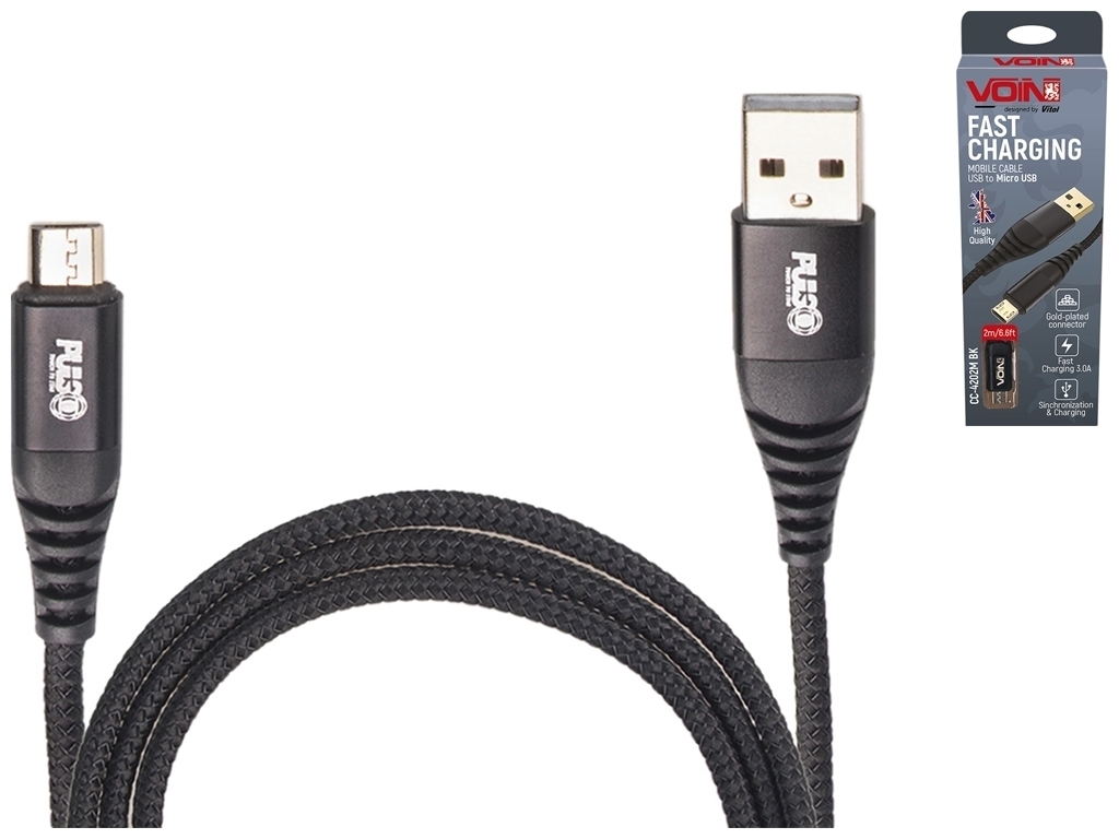 Кабель VOIN USB - Micro USB 3А, 2м, black, швидка зарядка/передача даних, CC-4202M BK