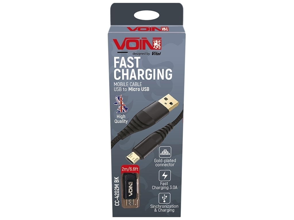 Кабель VOIN USB - Micro USB 3А, 2м, black, швидка зарядка/передача даних, CC-4202M BK