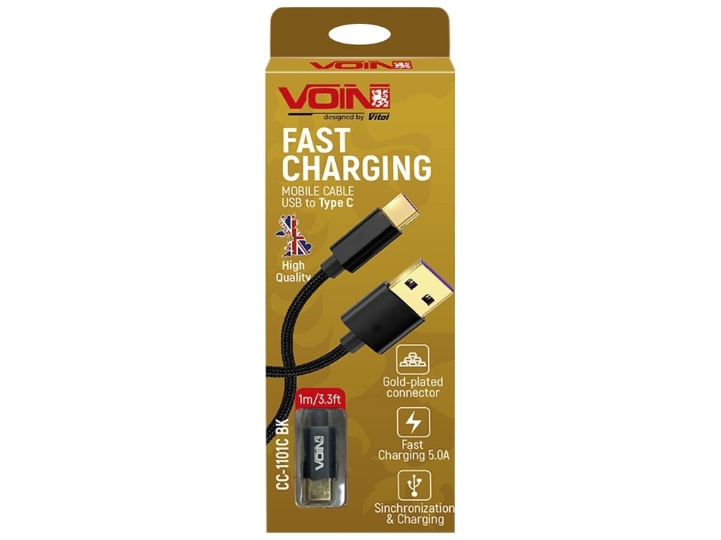 Кабель VOIN USB - Type C 5А, 1м, black (супер швидка зарядка/передача даних), CC-1101C BK