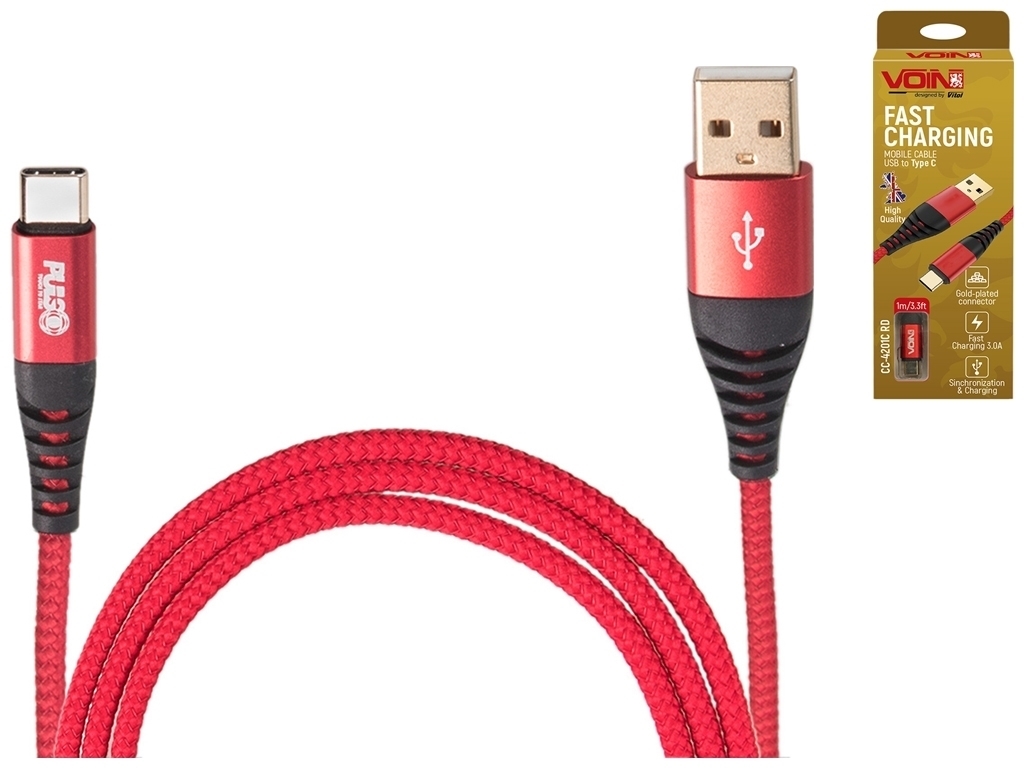 Кабель VOIN USB - Type C 3А, 1м, red (швидка зарядка/передача даних), CC-4201C RD