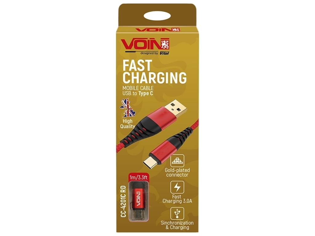 Кабель VOIN USB - Type C 3А, 1м, red (швидка зарядка/передача даних), CC-4201C RD
