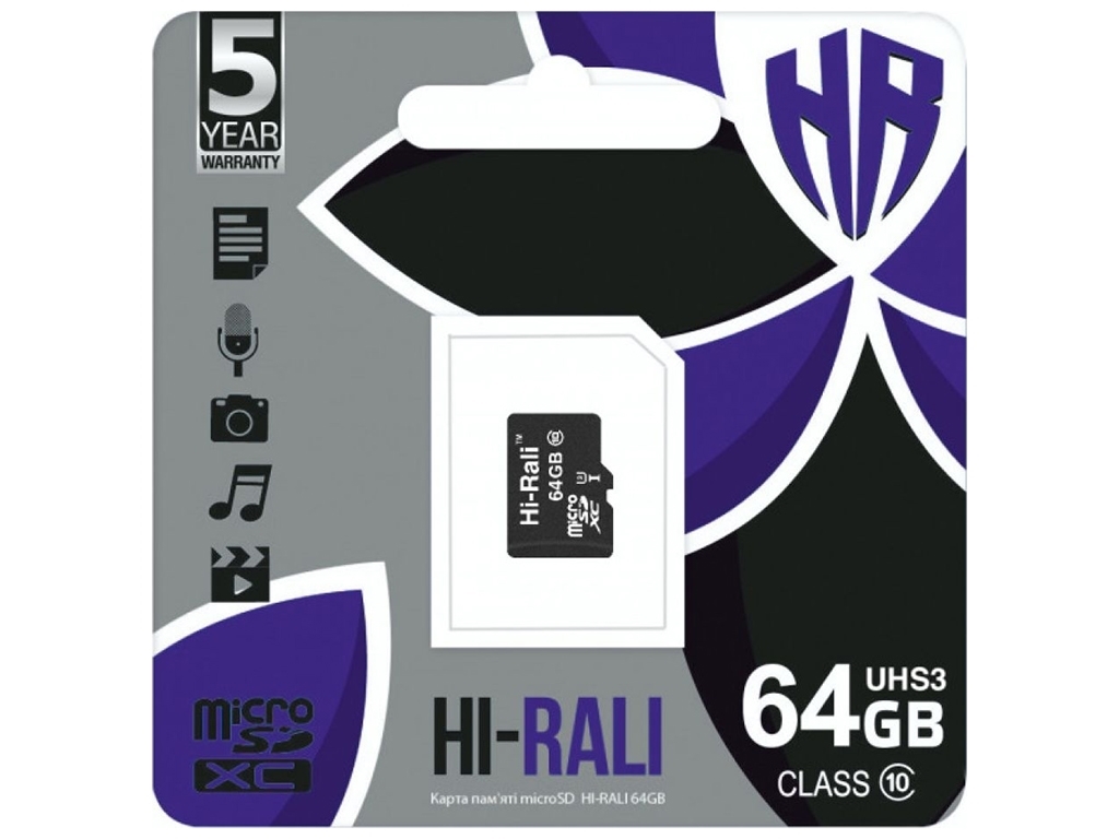 Карта Памяти Hi-Rali MicroSDXC 64gb UHS-3 10 Class Цвет Чёрный