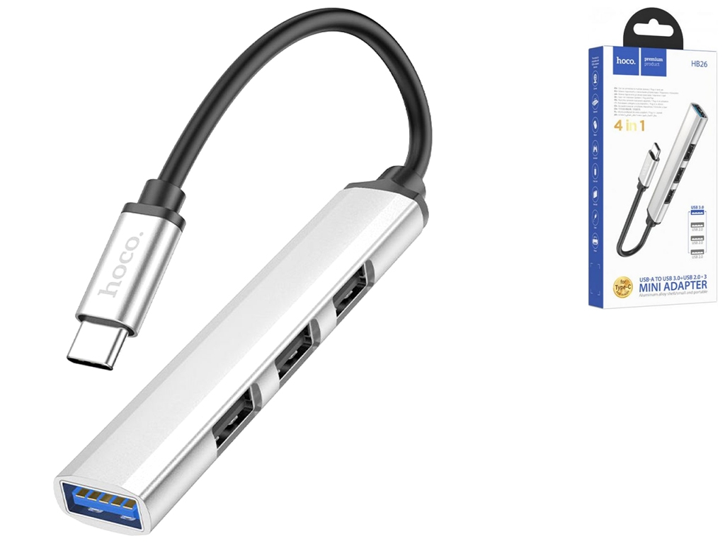 Хаб USB Hoco HB26 4 in 1 adapter(Type-C to USB3.0+USB2.0x3), Срібло