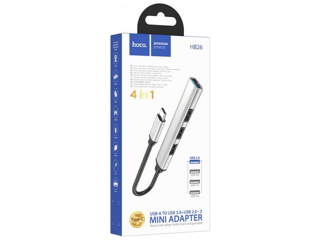 Хаб USB Hoco HB26 4 in 1 adapter(Type-C to USB3.0+USB2.0x3), Срібло