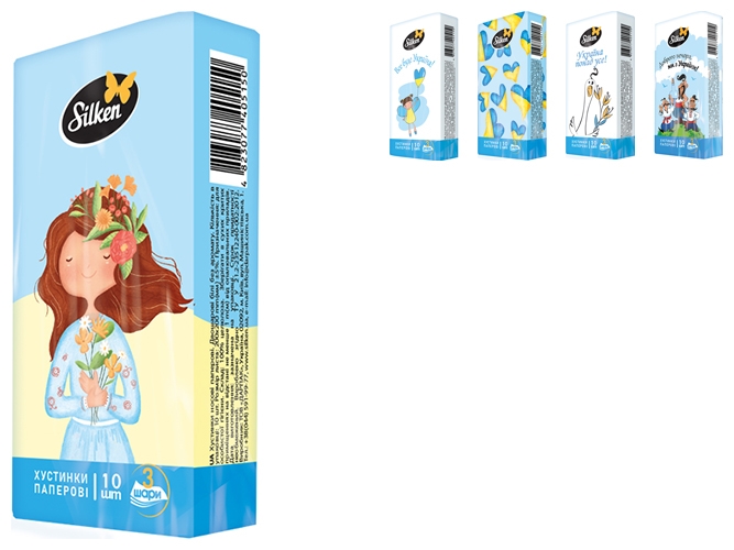 Платки носовые Silken Патриотические, 3 слоя, без аромата, 10шт