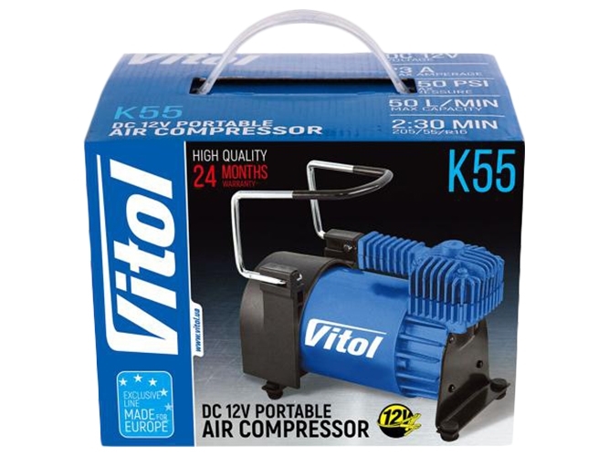 Компрессор Vitol K-55 с дефлятором и клеммами (150psi, 23Amp, 50л, шланг 5м)