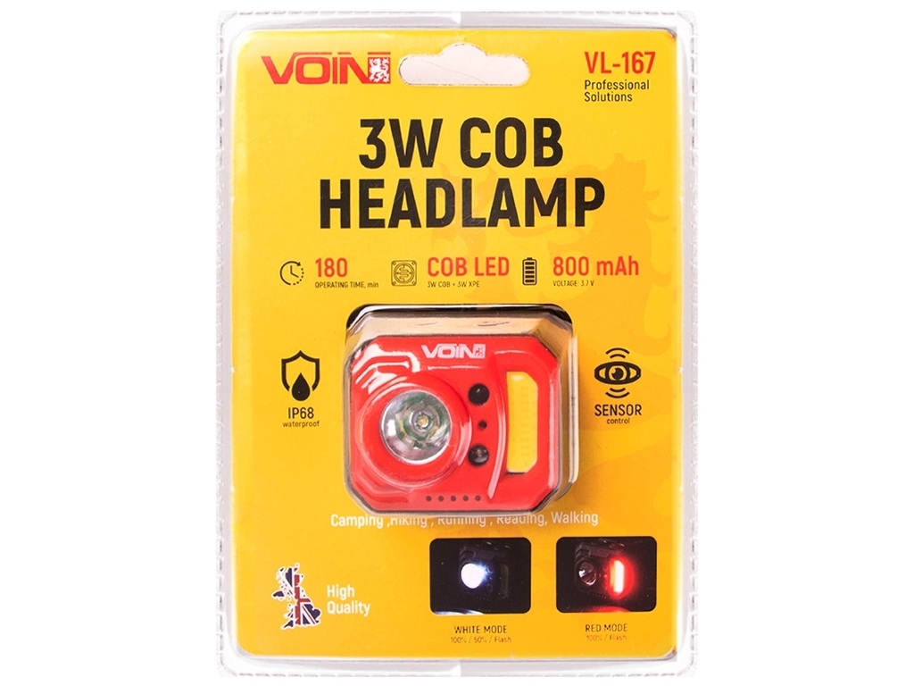 Фонарь налобный VOIN VL-167, 3W-COB (W/R)+3W XPE/АКБ800mAh