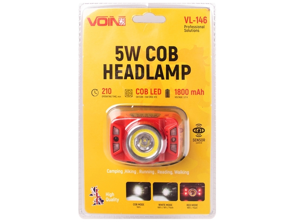 Фонарь налобный VOIN VL-146, 5W-COB+(W/R)+5W XPE/АКБ 1800mAh