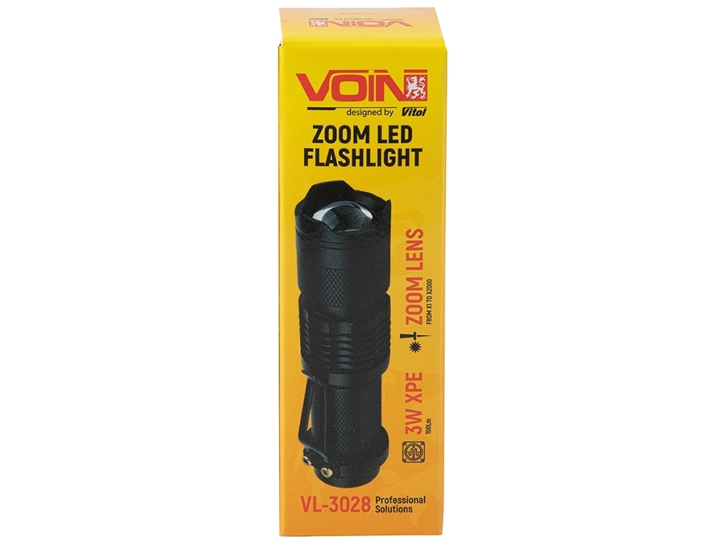 Фонарик ручной VOIN VL-3028, LED XPE, 100Lm, зум, алюминий, (1хАА не в комплекте)