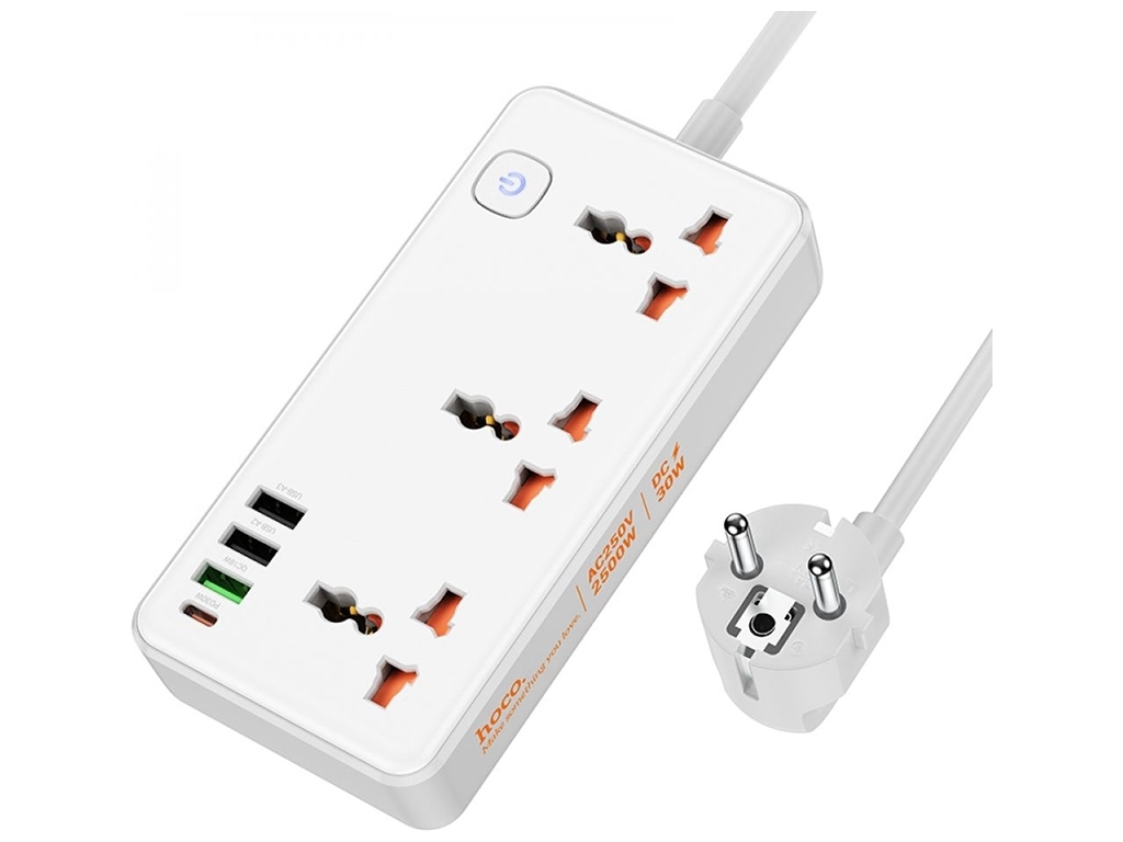 Мережевий подовжувач Hoco AC8A PD30W/QC18W/1C3A Колір Білий