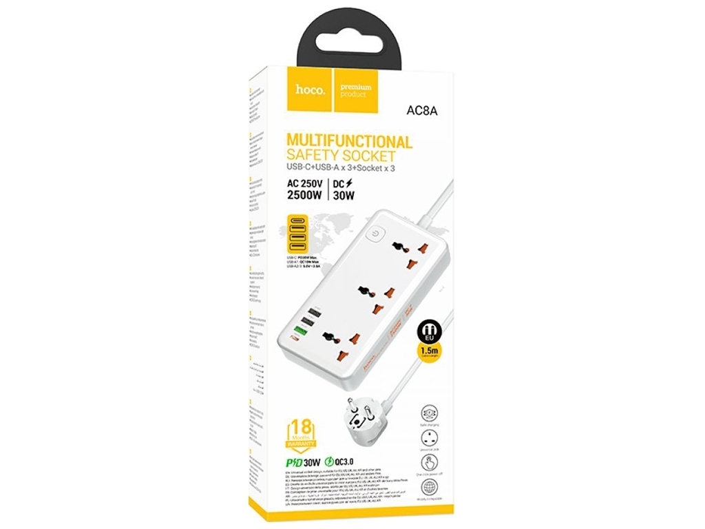 Мережевий подовжувач Hoco AC8A PD30W/QC18W/1C3A Колір Білий