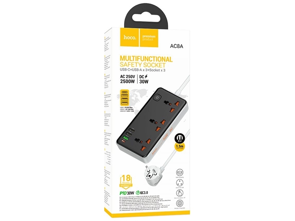 Мережевий подовжувач Hoco AC8A PD30W/QC18W/1C3A Колір Чорний