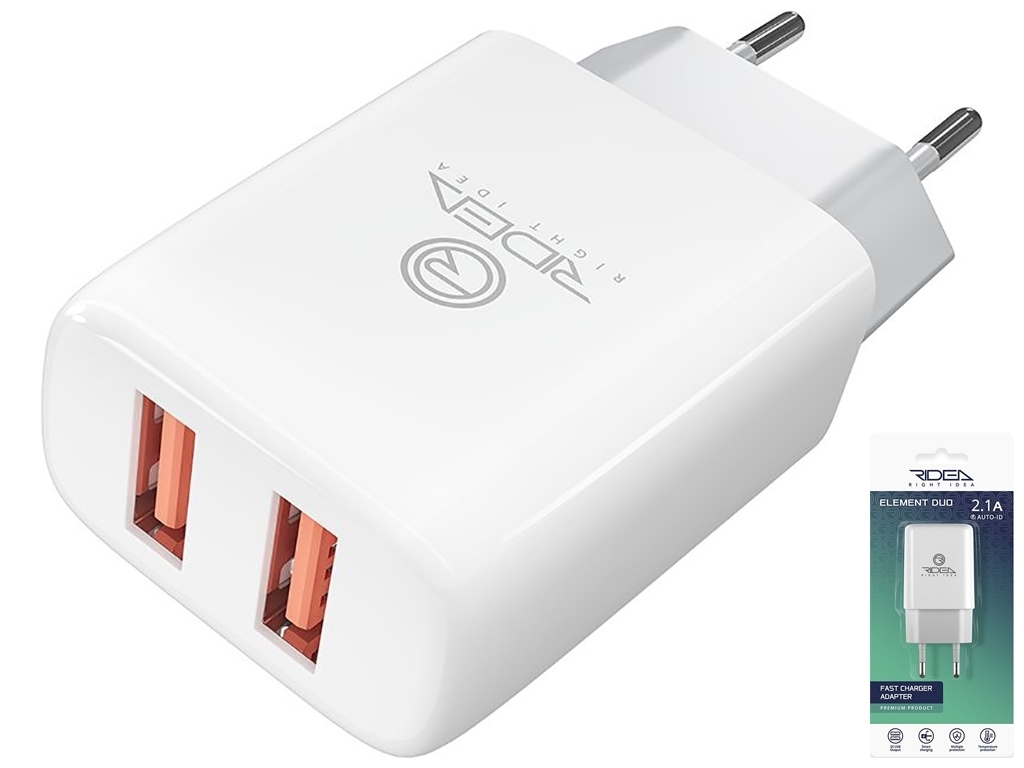 Сетевое Зарядное Устройство Ridea RW-21011 Element Duo 2USB 2.1 A Белый