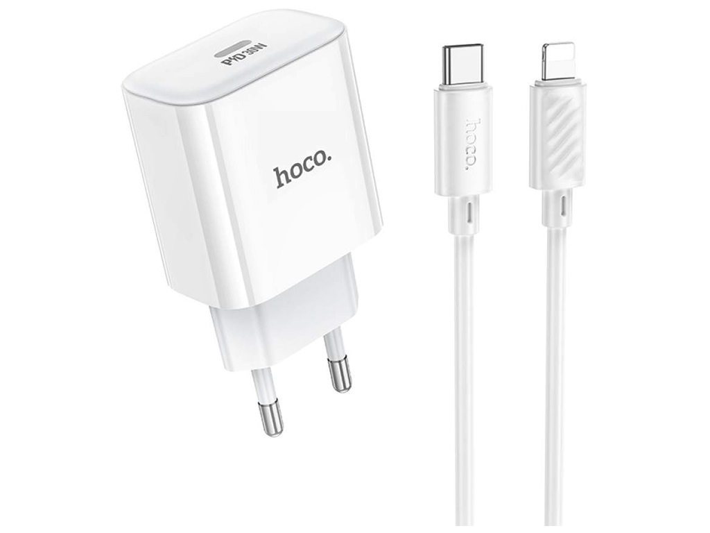 Мережевий Зарядний Пристрій Hoco C76A Pro 1Type-C PD/QC 30W+Type-C to Lightning, Колір Бiлий
