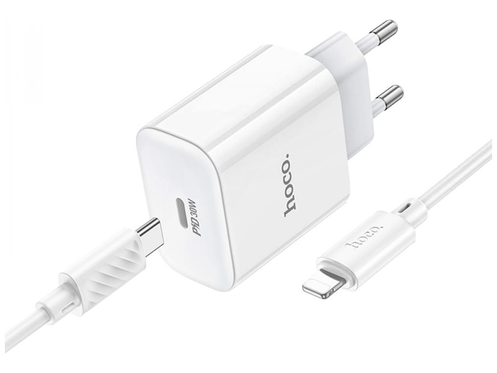 Мережевий Зарядний Пристрій Hoco C76A Pro 1Type-C PD/QC 30W+Type-C to Lightning, Колір Бiлий
