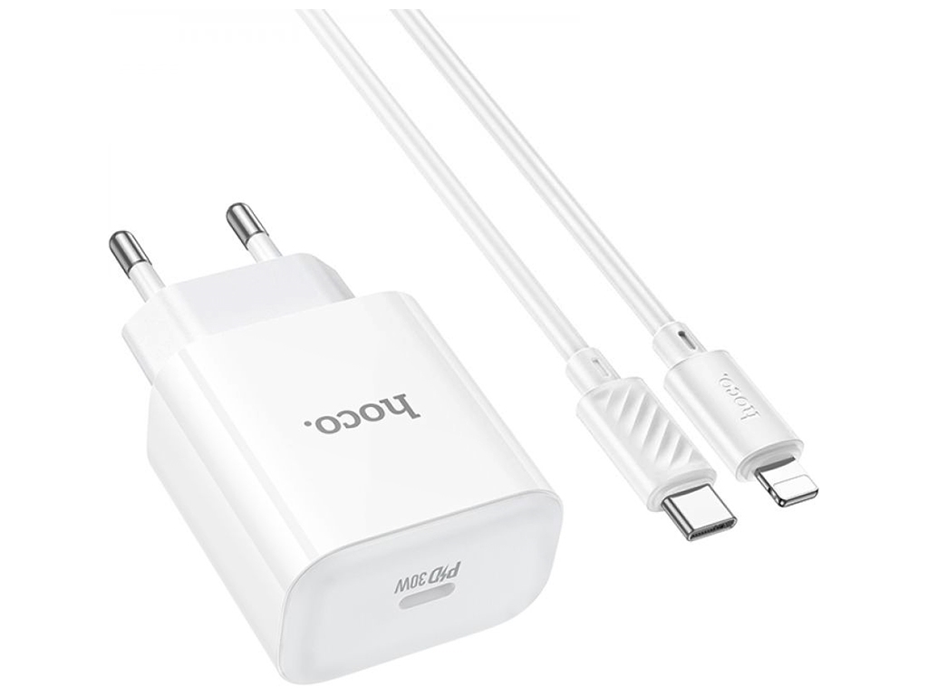 Мережевий Зарядний Пристрій Hoco C76A Pro 1Type-C PD/QC 30W+Type-C to Lightning, Колір Бiлий