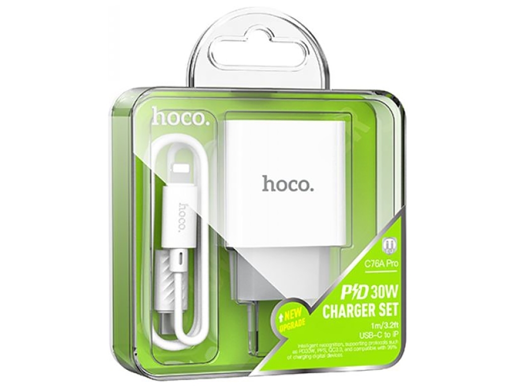 Мережевий Зарядний Пристрій Hoco C76A Pro 1Type-C PD/QC 30W+Type-C to Lightning, Колір Бiлий